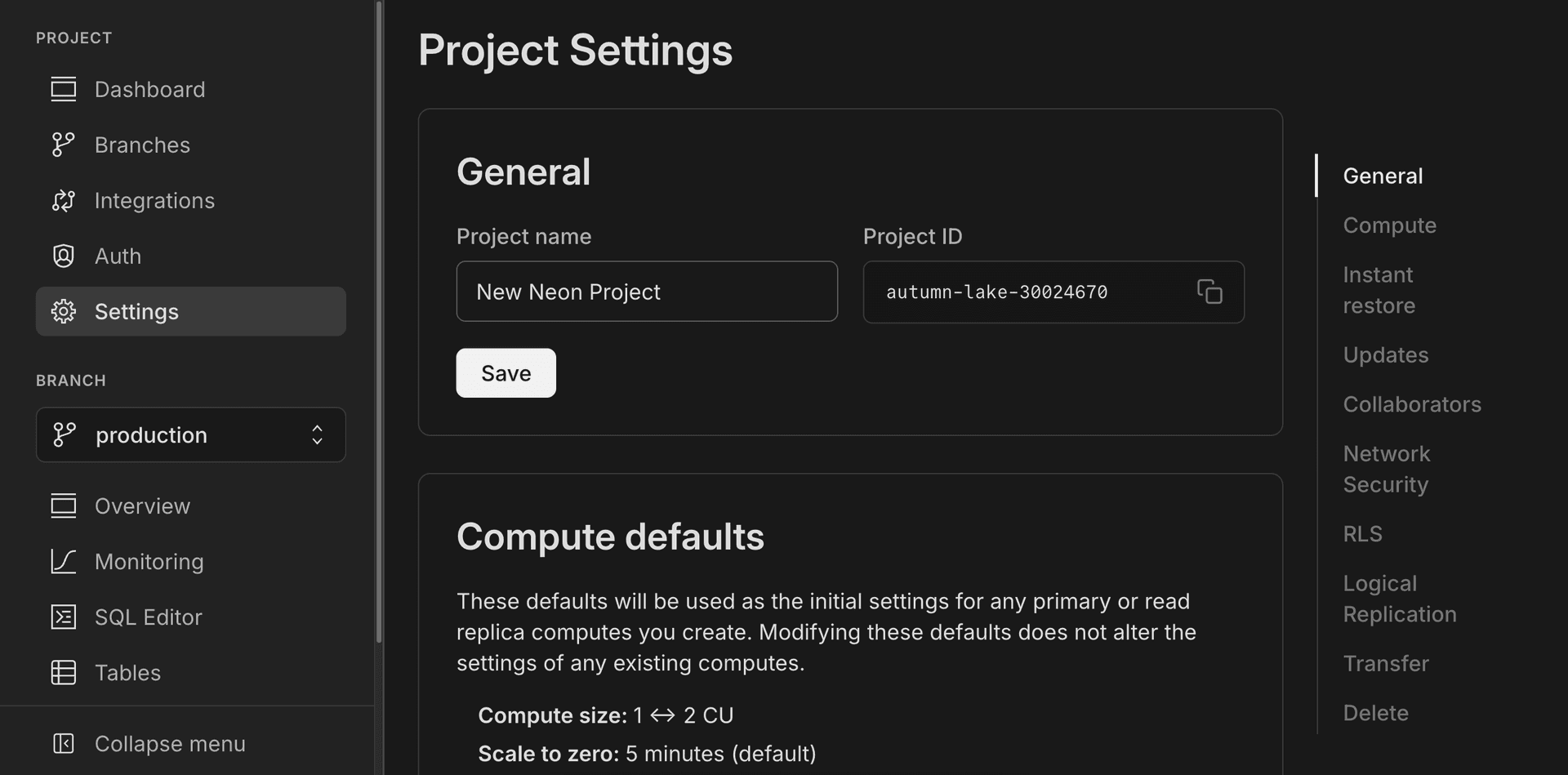 Neon Project ID in the console